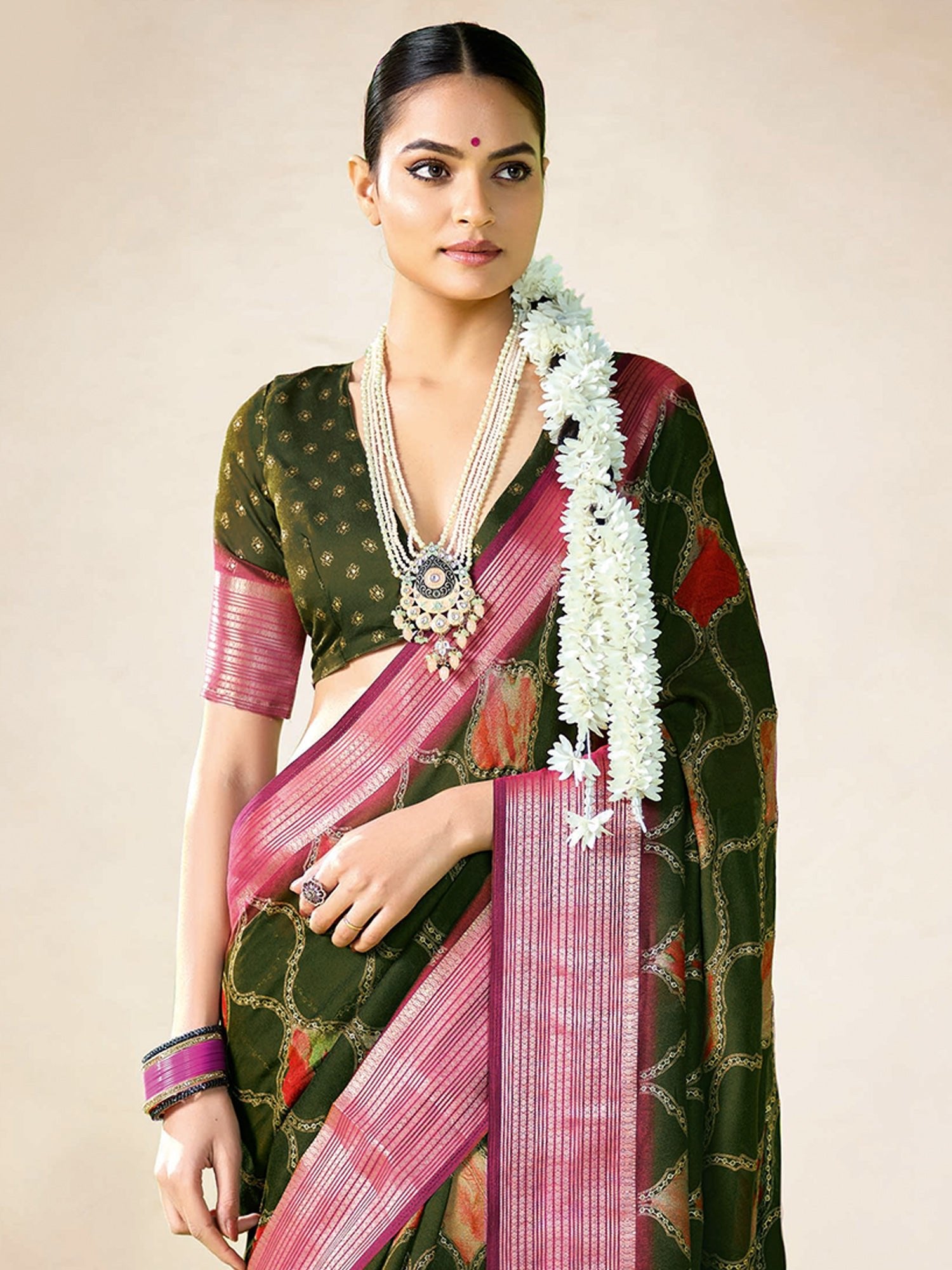 Olive Green Organza Saree with Pink Zari Border - Ressa