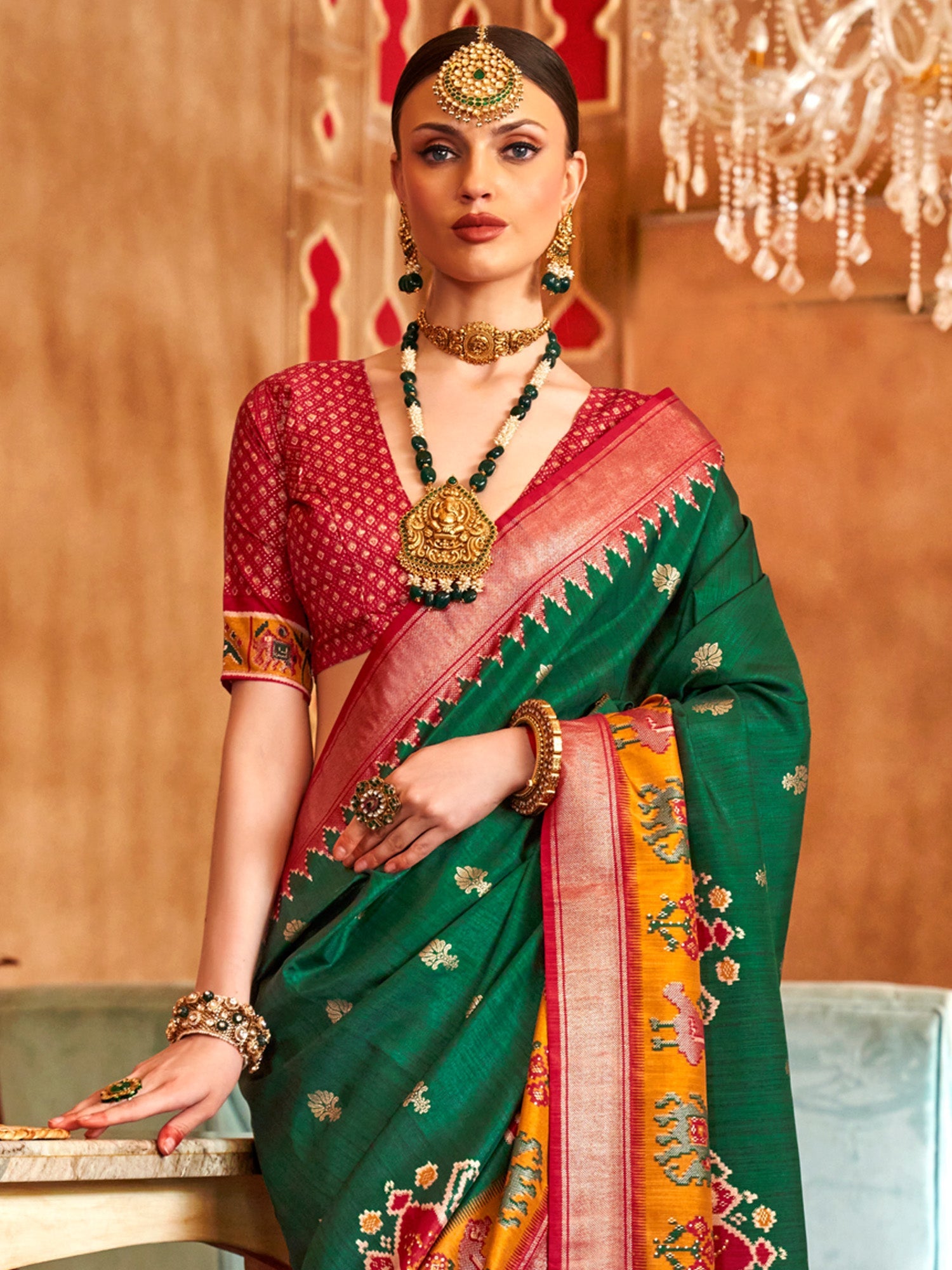 Olive Green Patola Silk Blend Pink Zari Woven Border Saree - Ressa