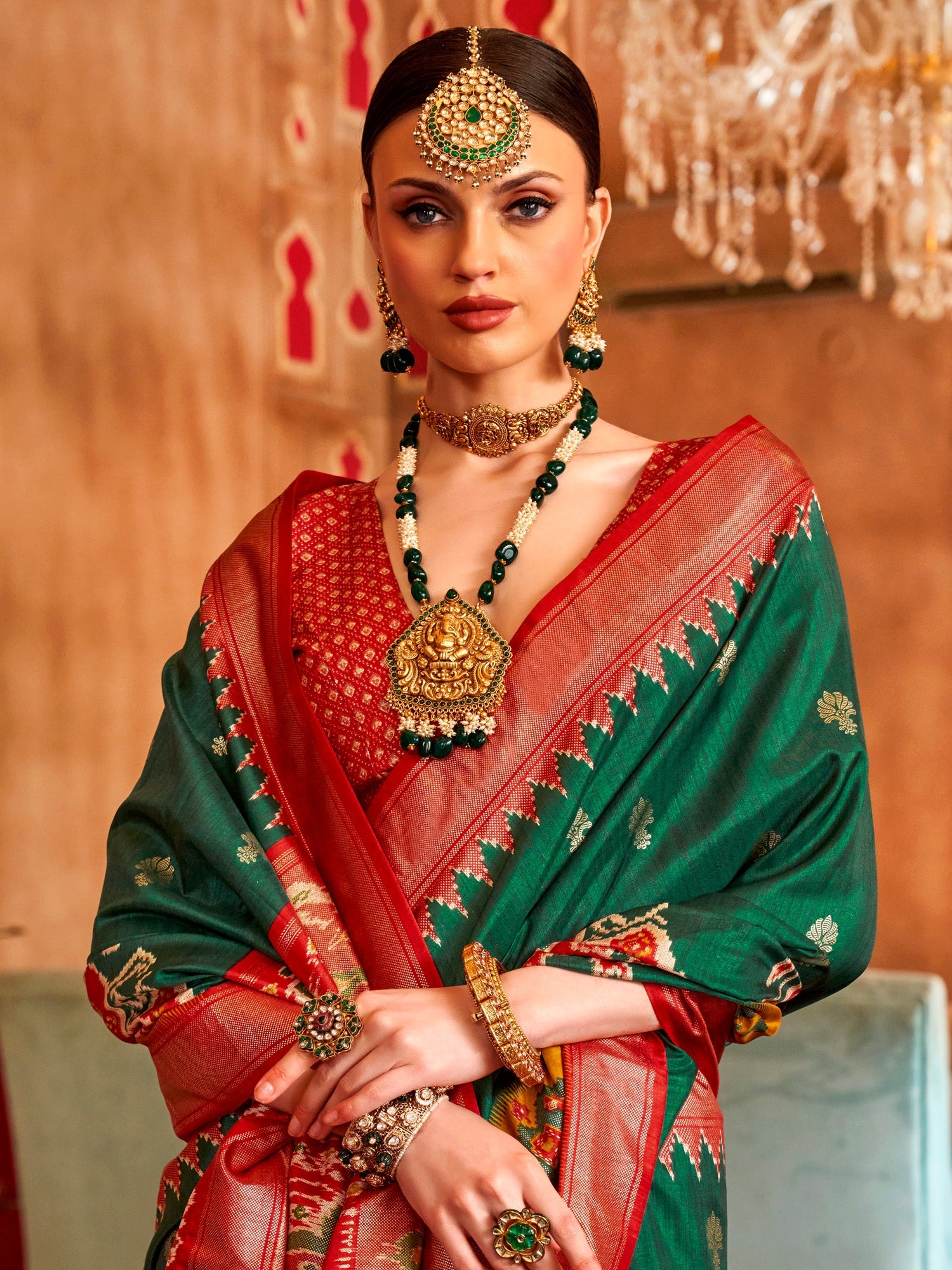 Olive Green Patola Silk Blend Pink Zari Woven Border Saree - Ressa