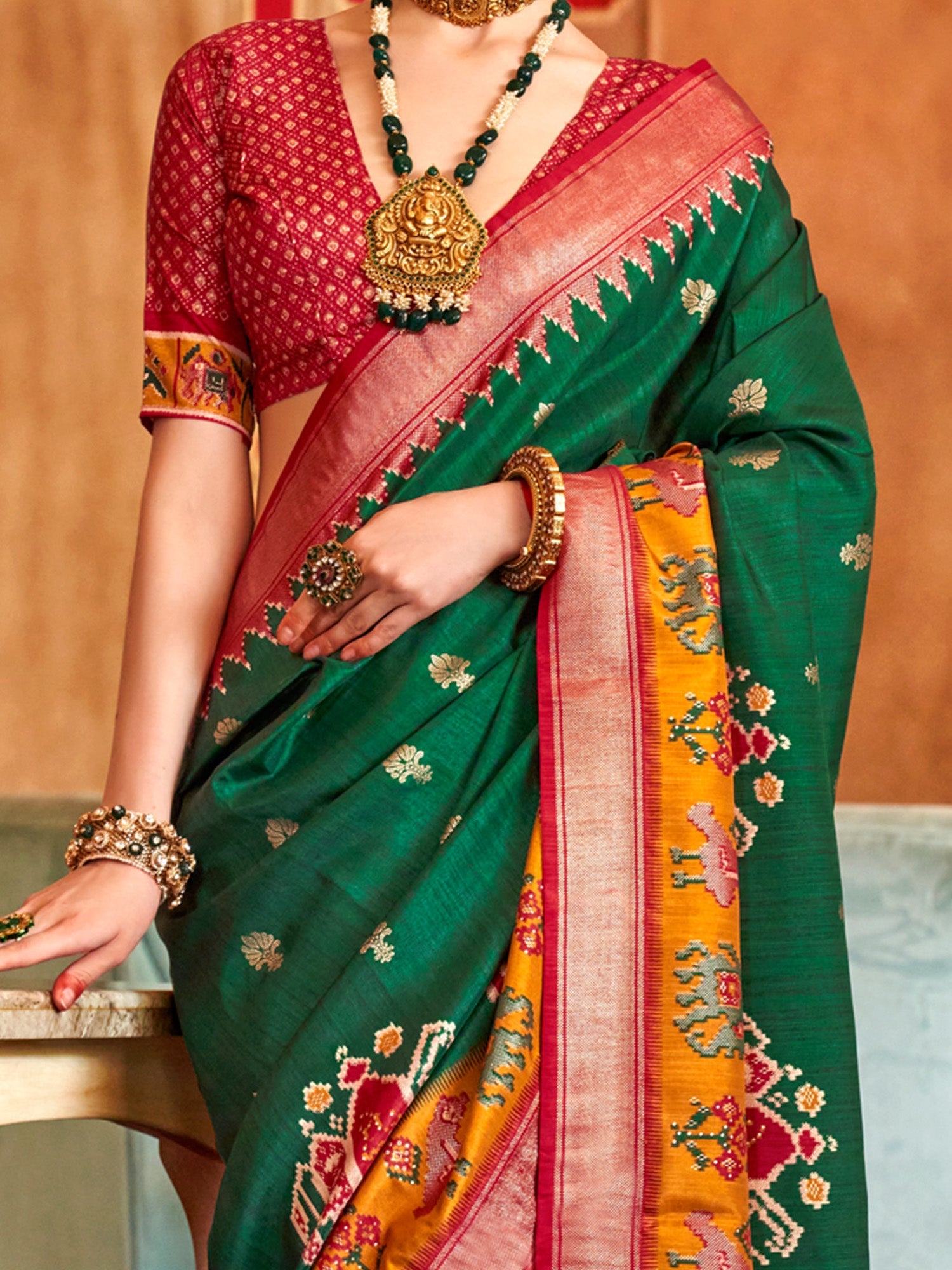 Olive Green Patola Silk Blend Pink Zari Woven Border Saree - Ressa