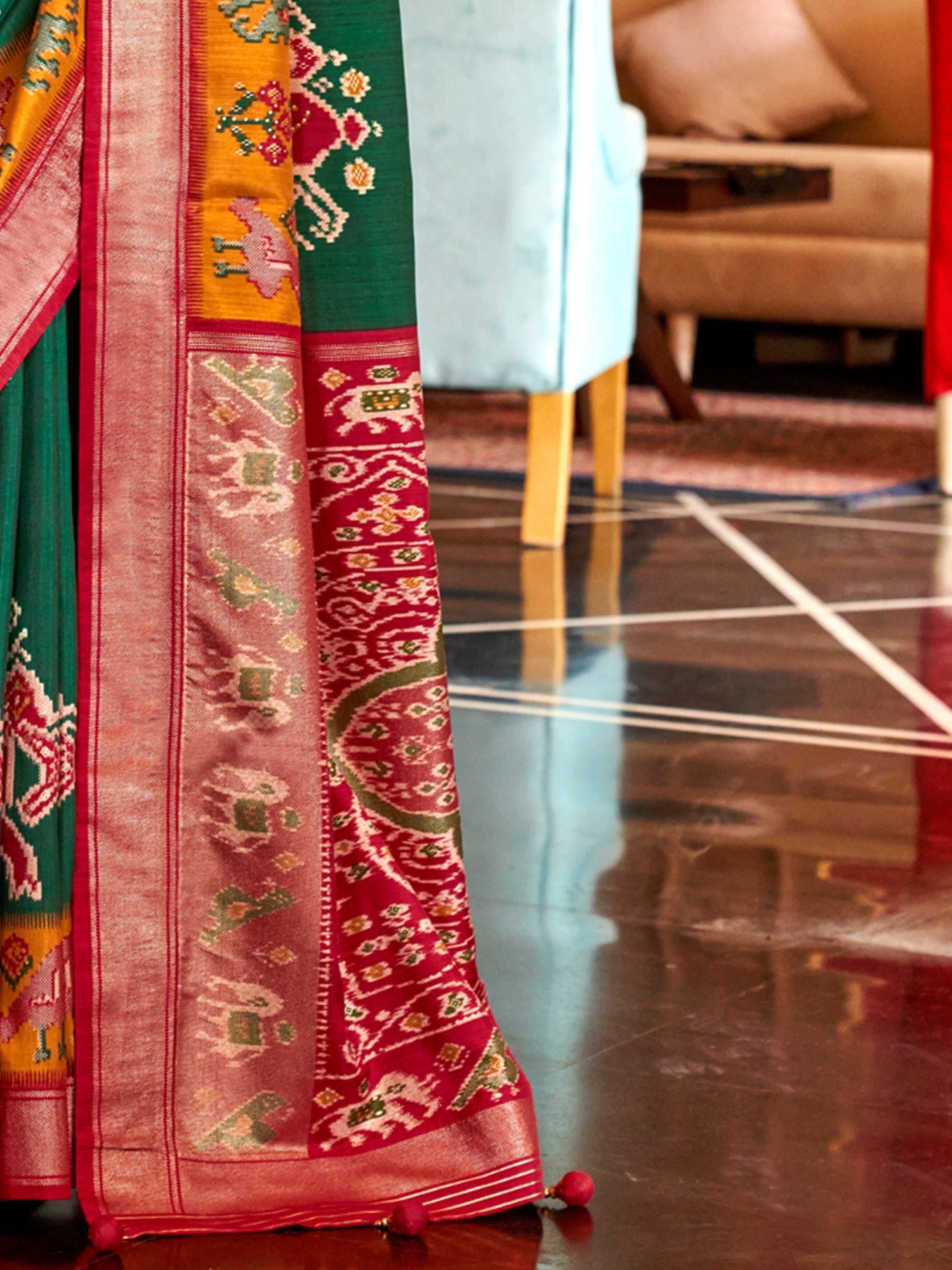 Olive Green Patola Silk Blend Pink Zari Woven Border Saree - Ressa