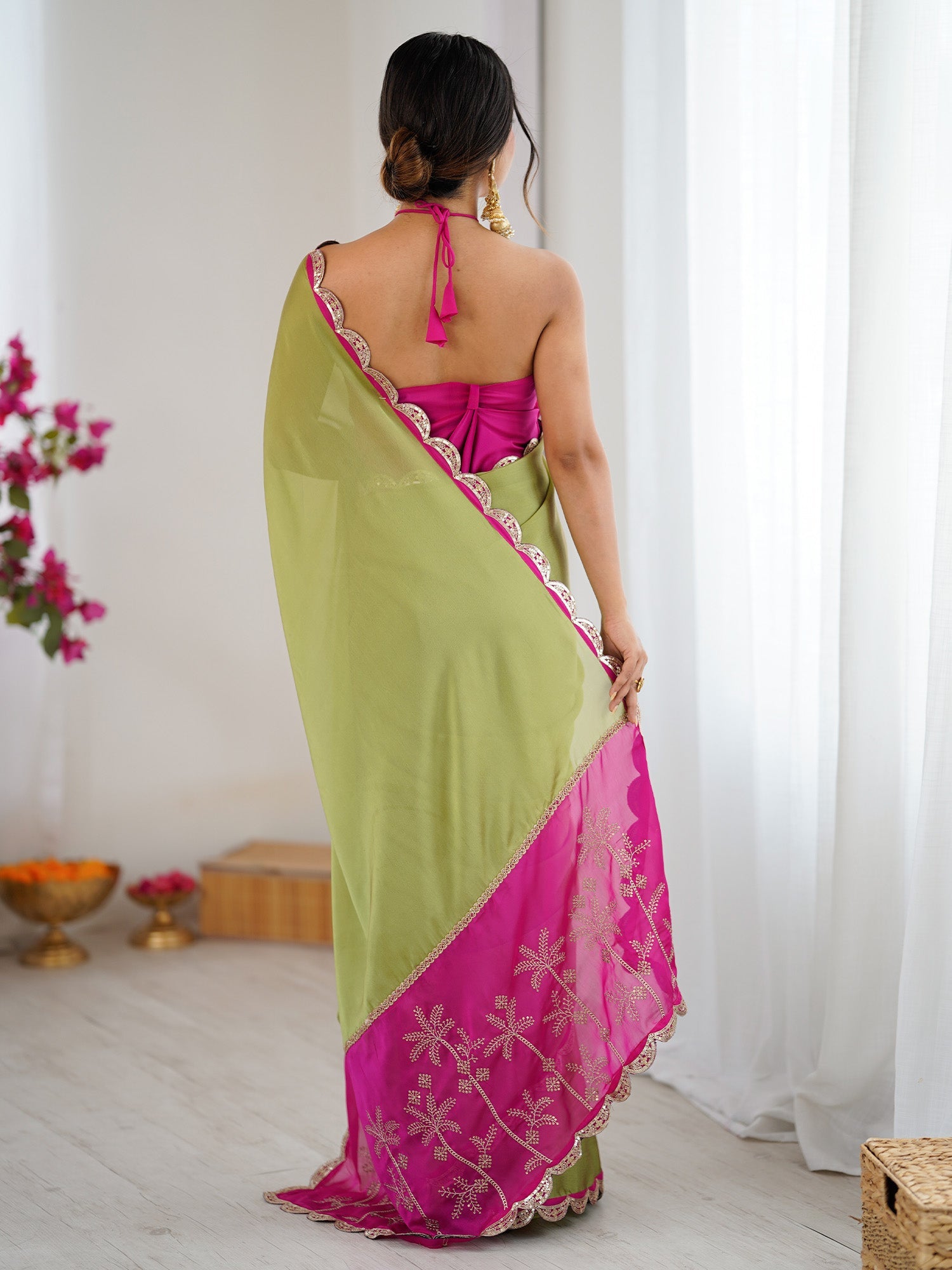 Olive Green & Pink Organza Saree - Ressa