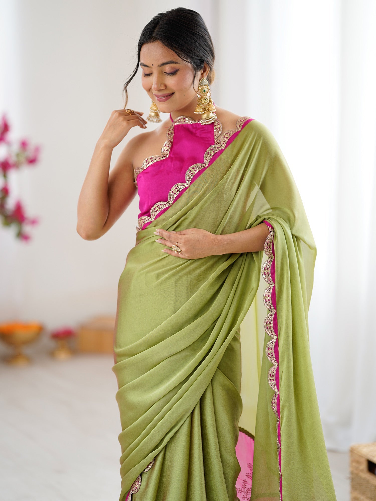 Olive Green & Pink Organza Saree - Ressa