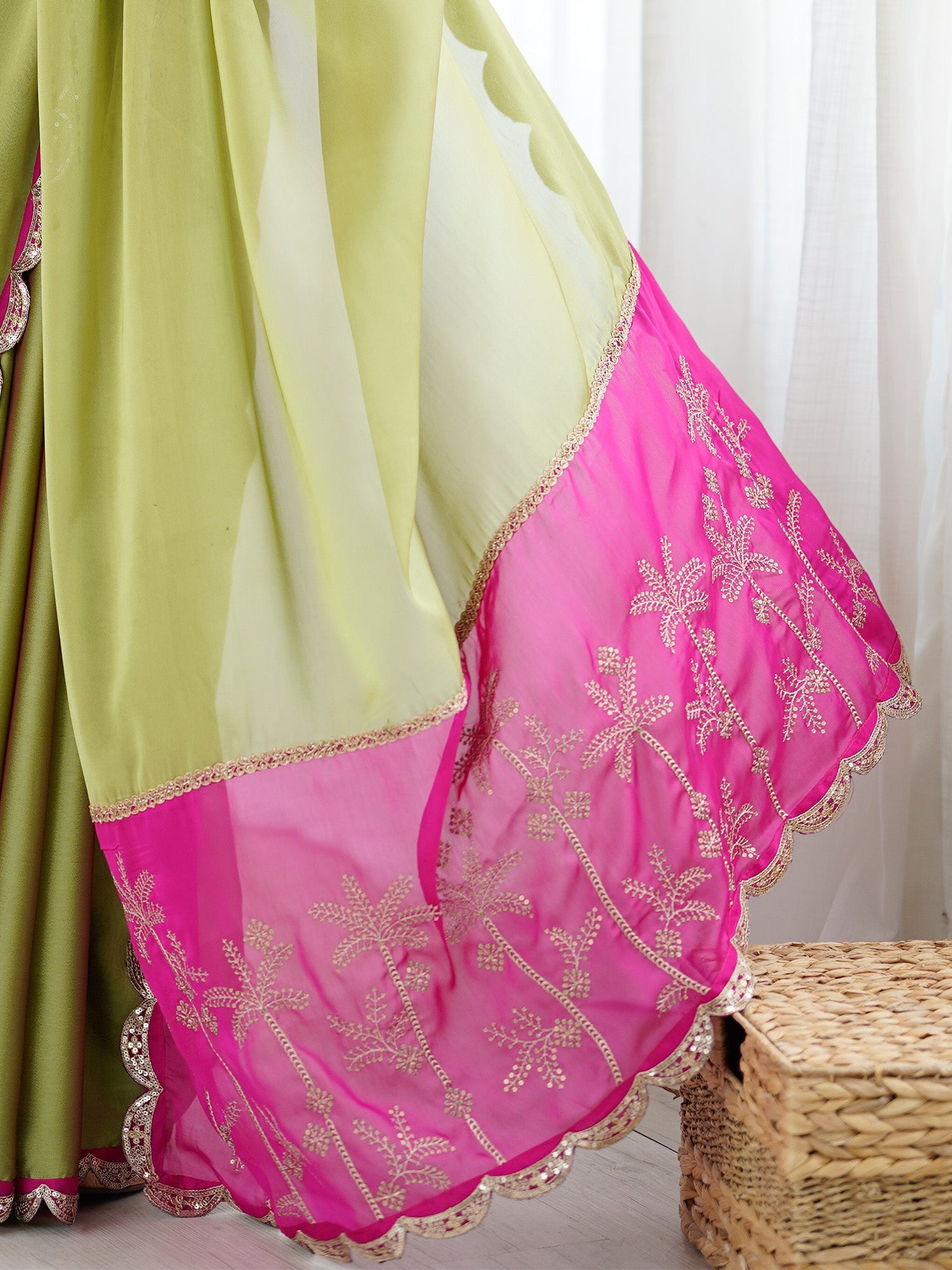 Olive Green & Pink Organza Saree - Ressa