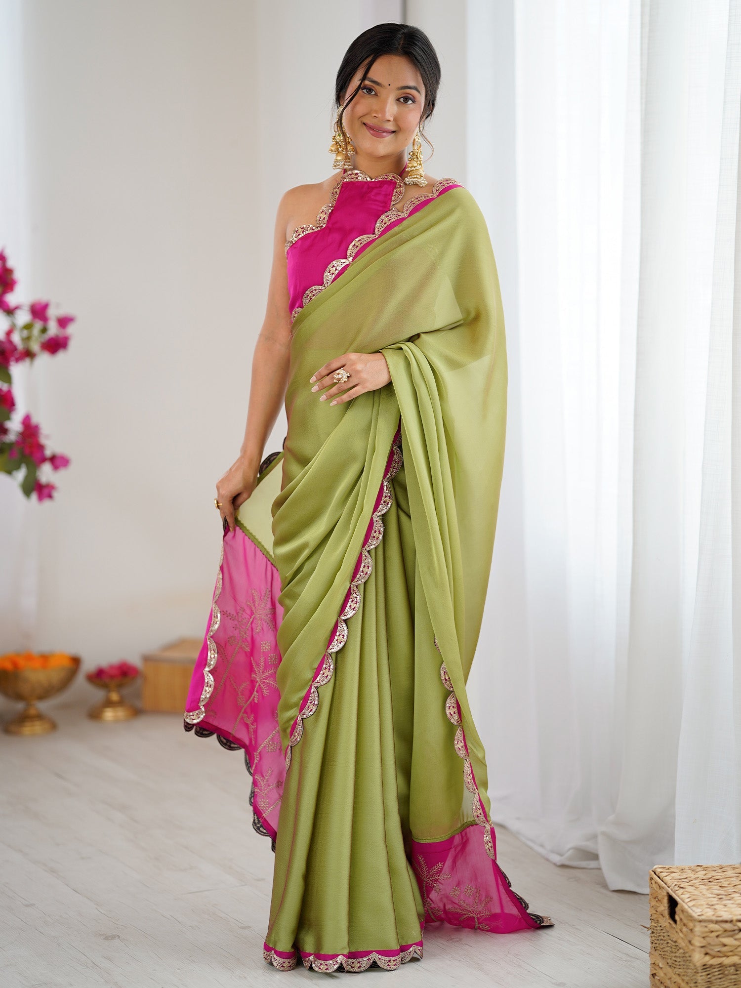 Olive Green & Pink Organza Saree - Ressa