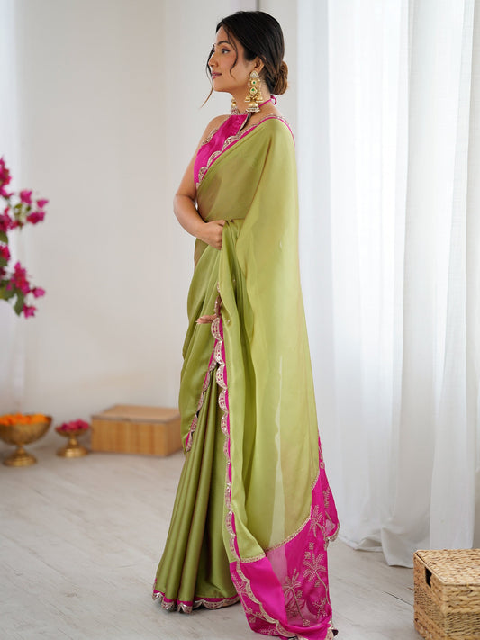 Olive Green & Pink Organza Saree - Ressa