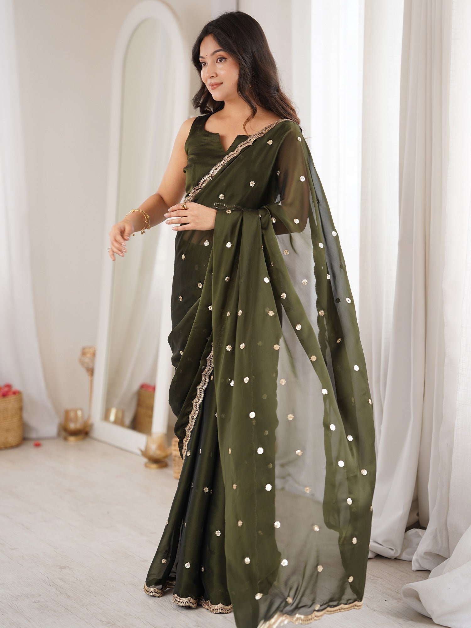 Olive Green Pure Georgette Saree with Scalloped Gota Patti Border - Ressa