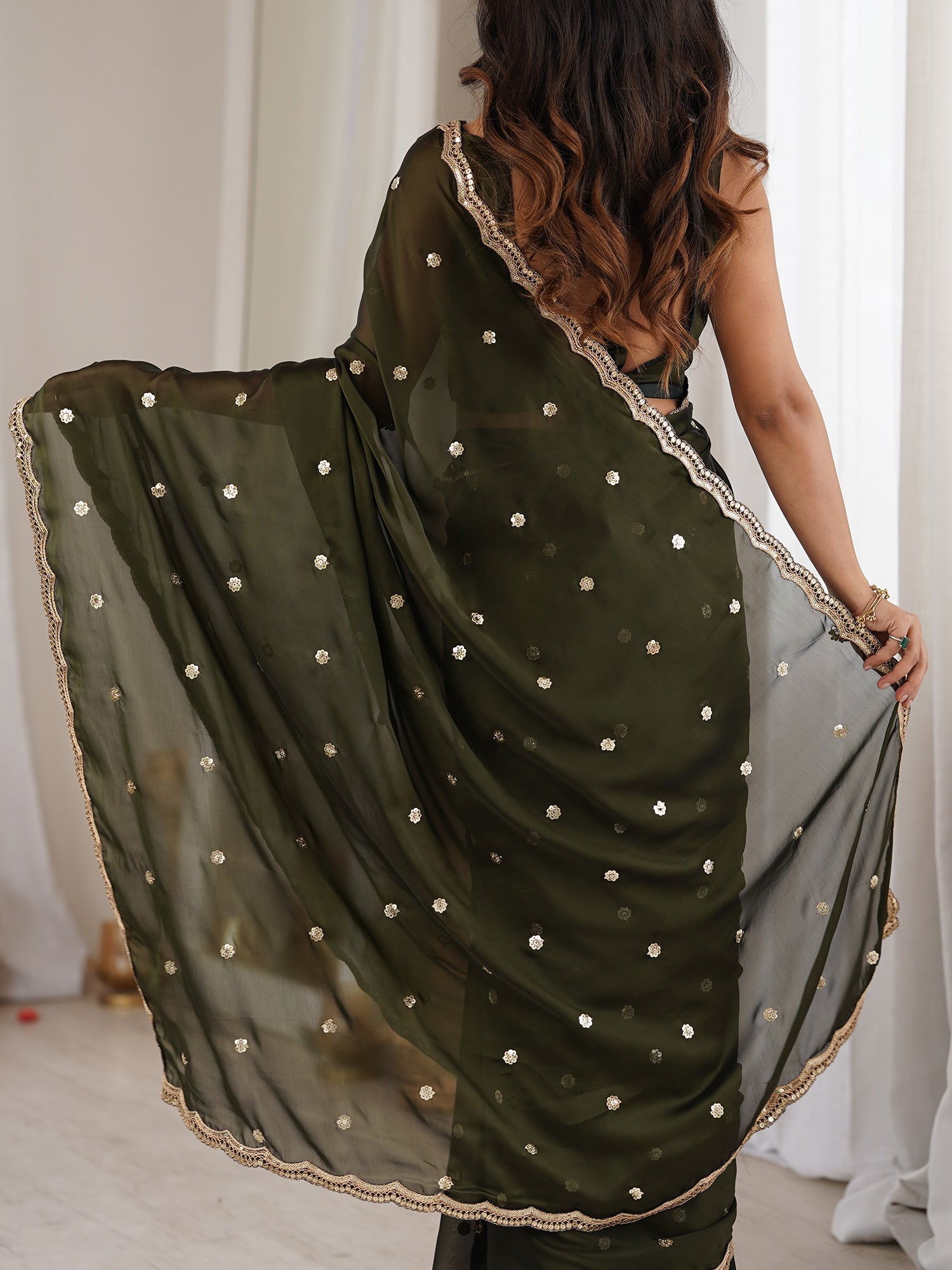 Olive Green Pure Georgette Saree with Scalloped Gota Patti Border - Ressa