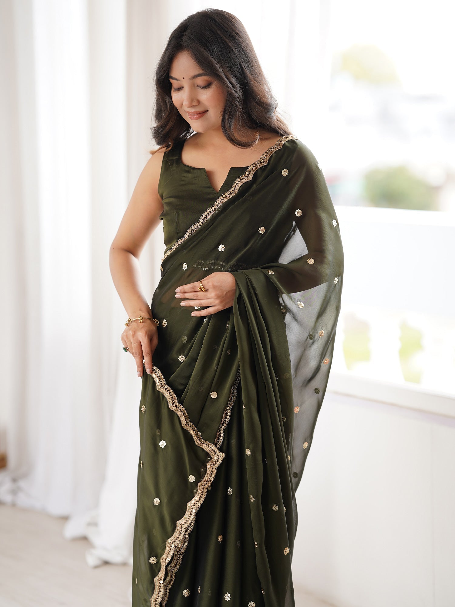 Olive Green Pure Georgette Saree with Scalloped Gota Patti Border - Ressa
