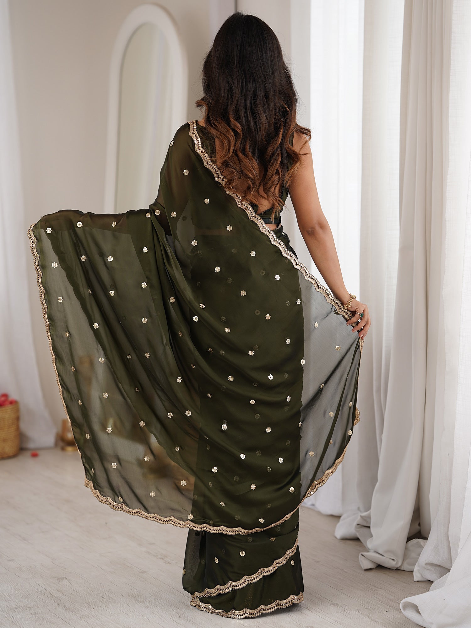 Olive Green Pure Georgette Saree with Scalloped Gota Patti Border - Ressa