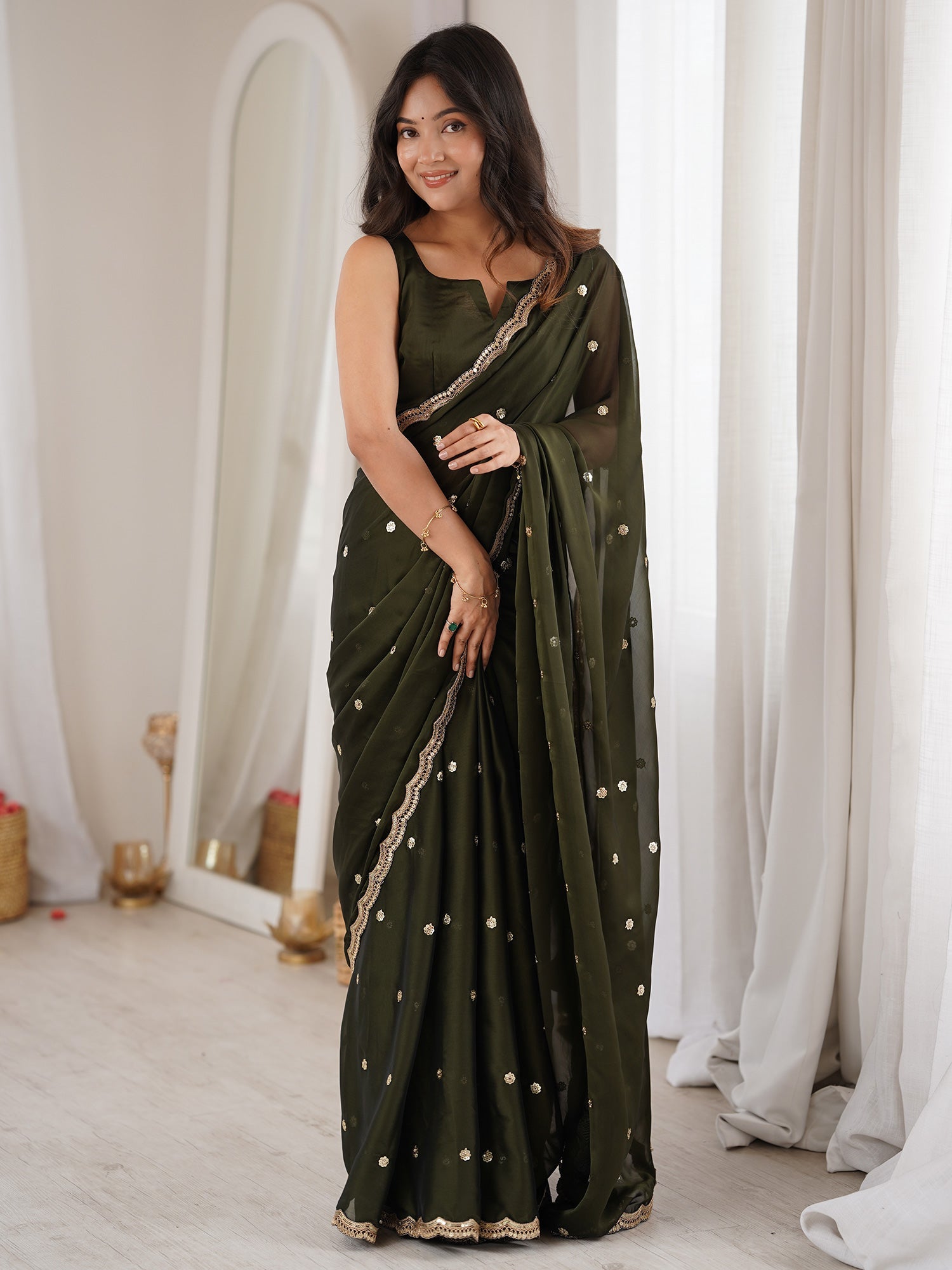 Olive Green Pure Georgette Saree with Scalloped Gota Patti Border - Ressa