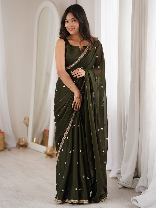 Olive Green Pure Georgette Saree with Scalloped Gota Patti Border - Ressa
