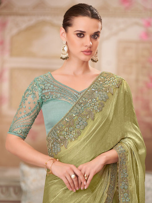 Olive Green Shimmer Georgette Embroidered Scalloped Border Blouse Saree - Ressa