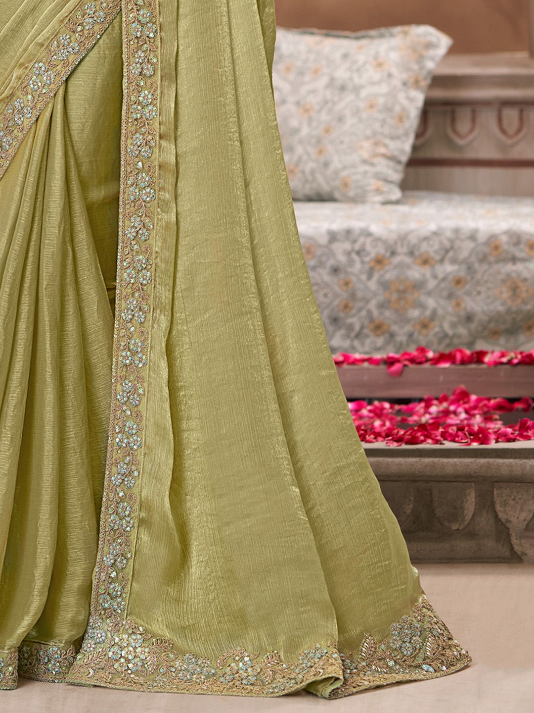 Olive Green Shimmer Georgette Embroidered Scalloped Border Blouse Saree - Ressa
