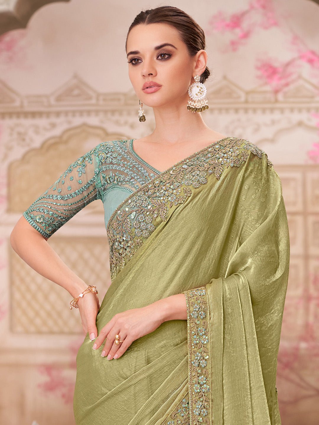 Olive Green Shimmer Georgette Embroidered Scalloped Border Blouse Saree - Ressa