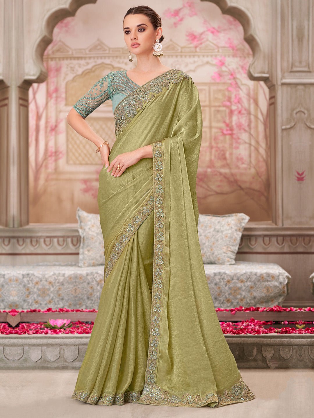 Olive Green Shimmer Georgette Embroidered Scalloped Border Blouse Saree - Ressa