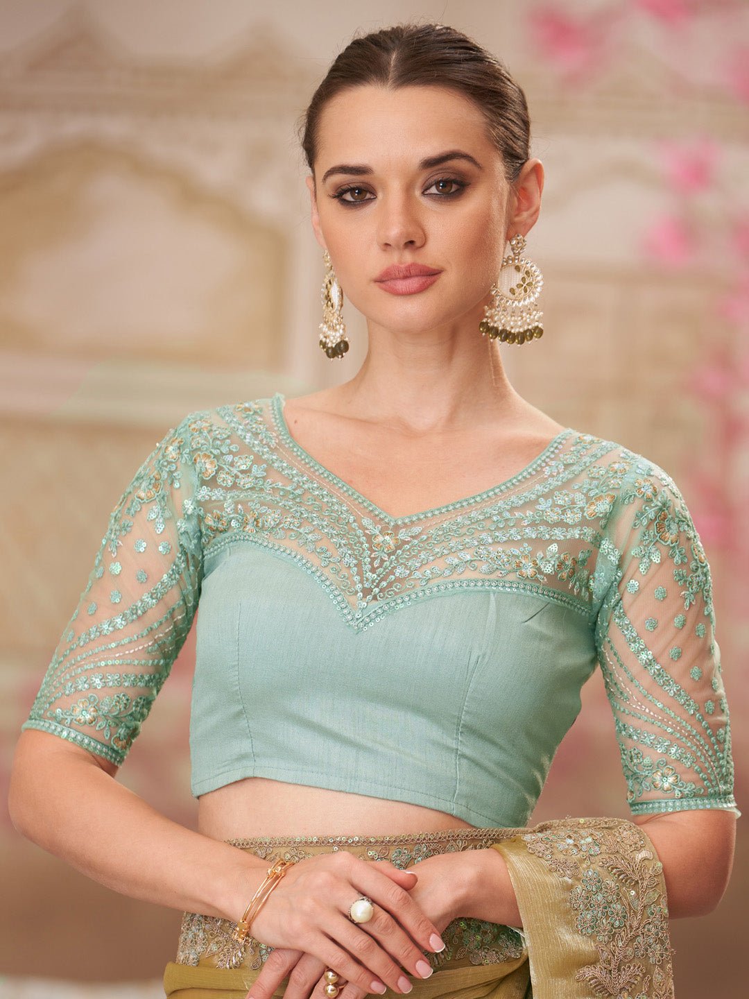 Olive Green Shimmer Georgette Embroidered Scalloped Border Blouse Saree - Ressa
