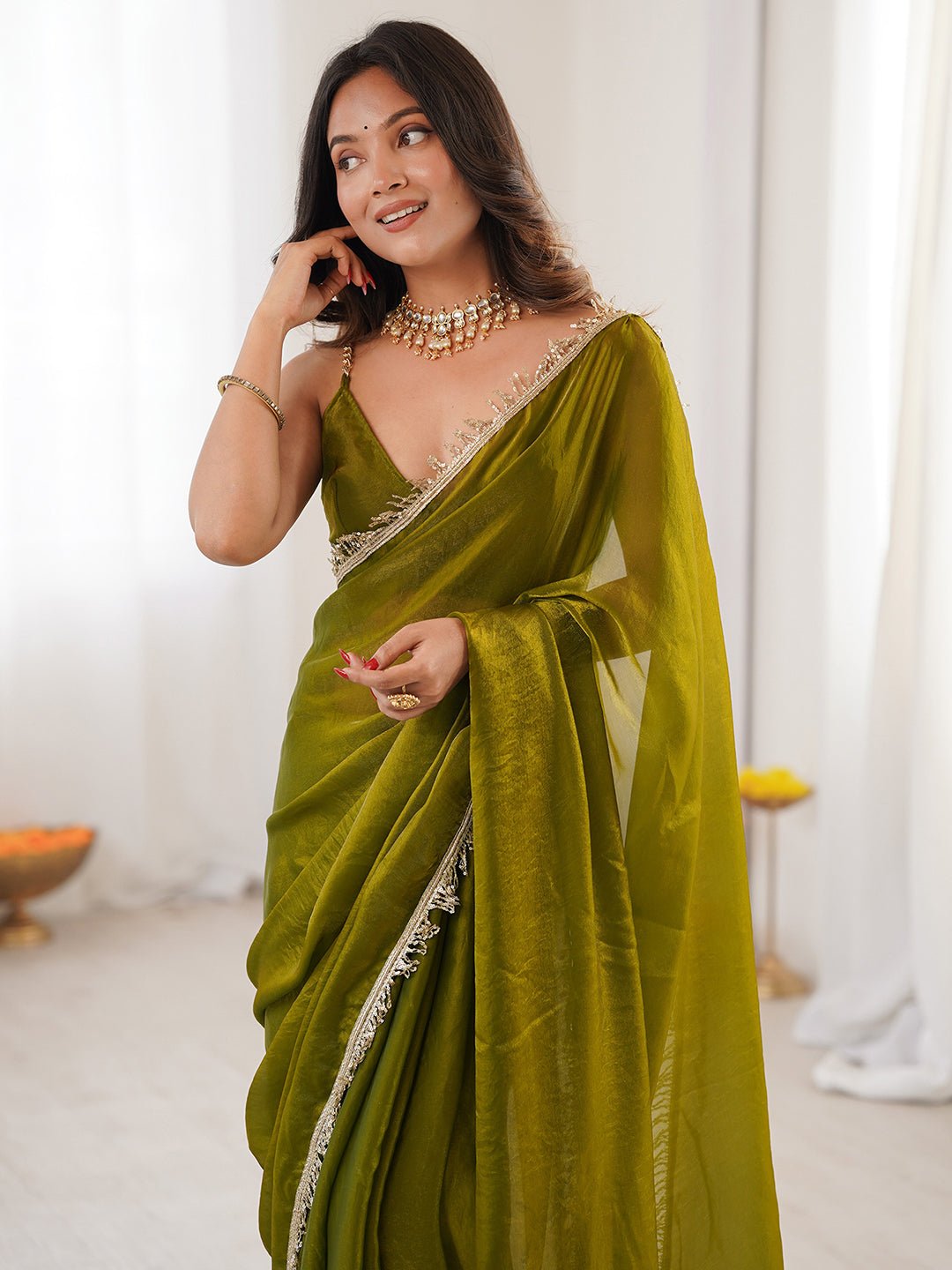 Olive Green Silk Saree with Gold Tassel Border - Ressa