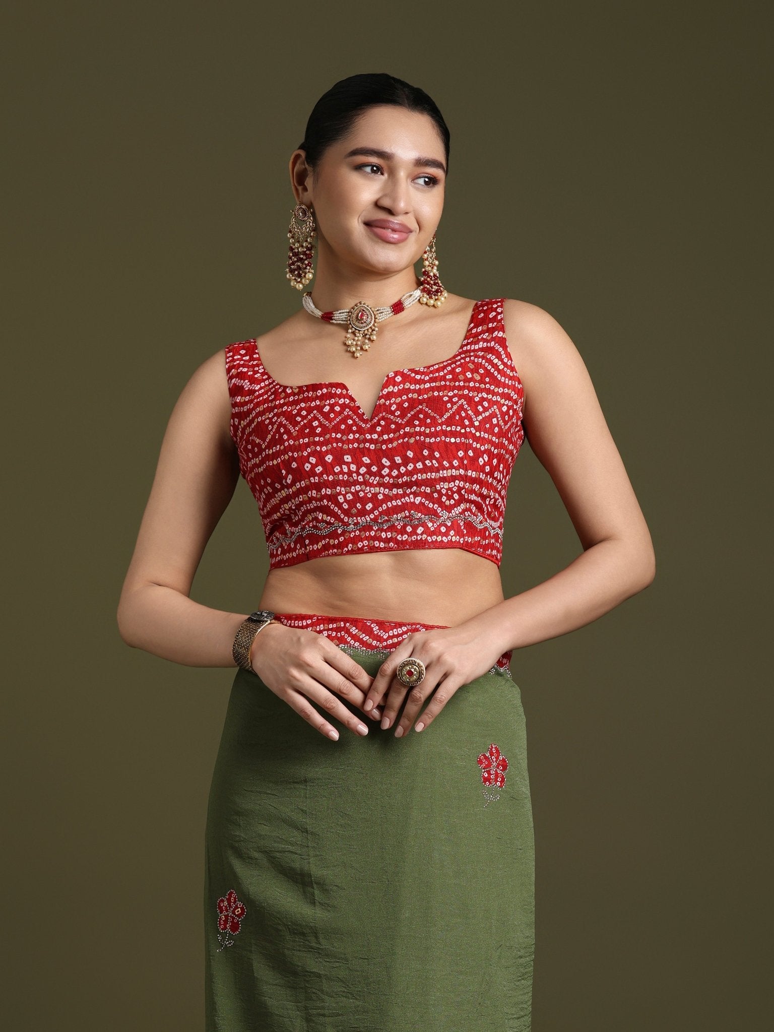 Olive Green Tissue Embroidered Border Saree - Ressa