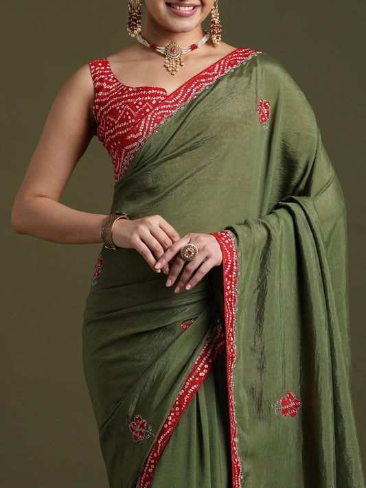 Olive Green Tissue Embroidered Border Saree - Ressa