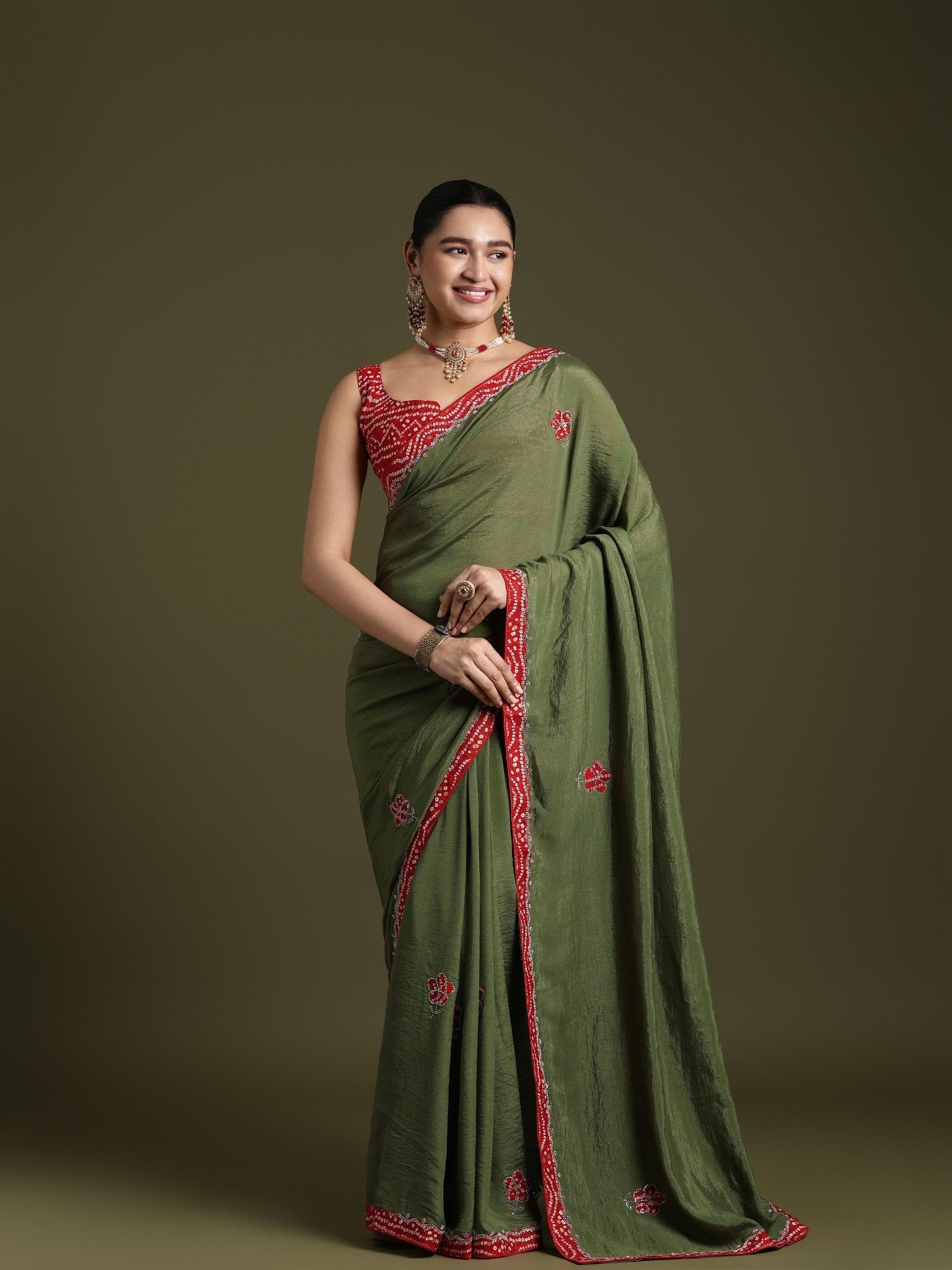 Olive Green Tissue Embroidered Border Saree - Ressa