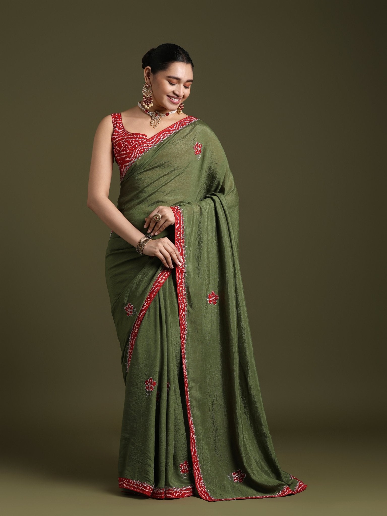 Olive Green Tissue Embroidered Border Saree - Ressa