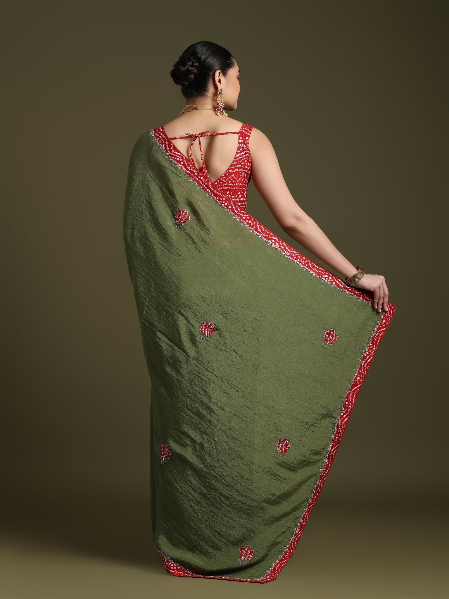 Olive Green Tissue Embroidered Border Saree - Ressa