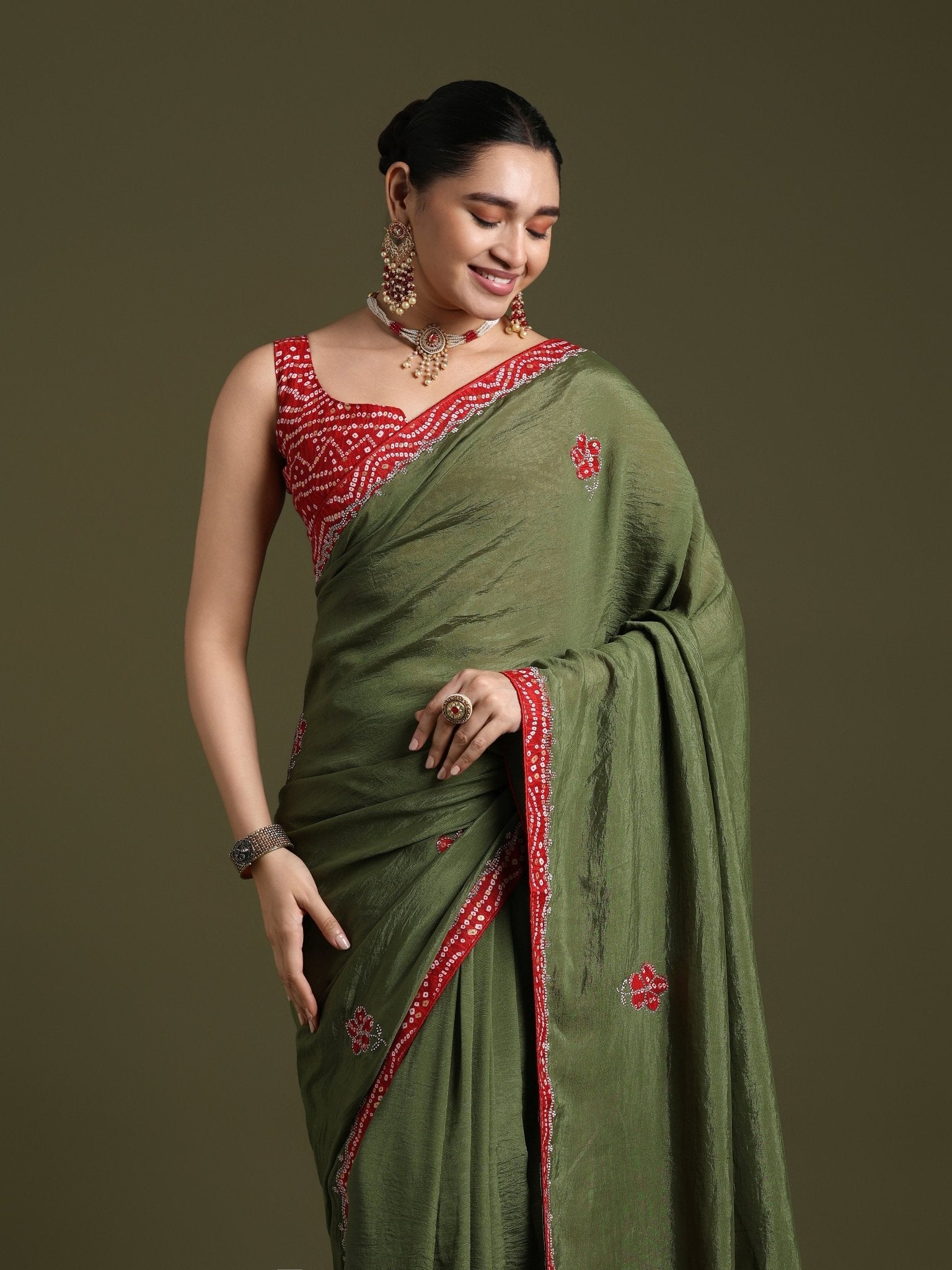 Olive Green Tissue Embroidered Border Saree - Ressa