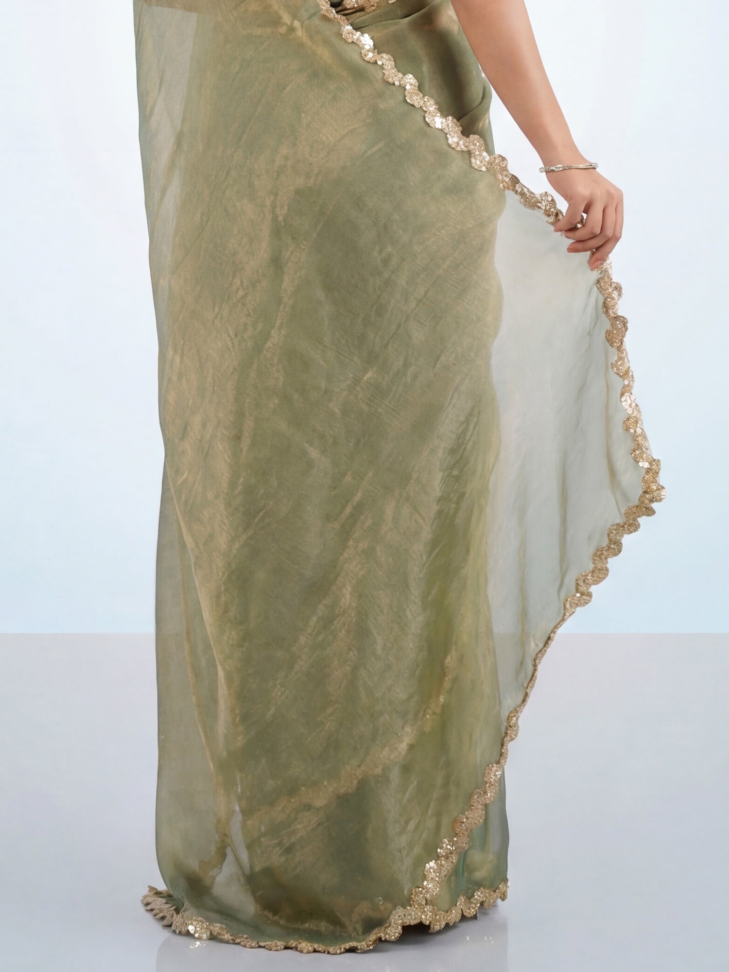 Olive Green Tissue Silk Gota Patti Scalloped Border - Ressa