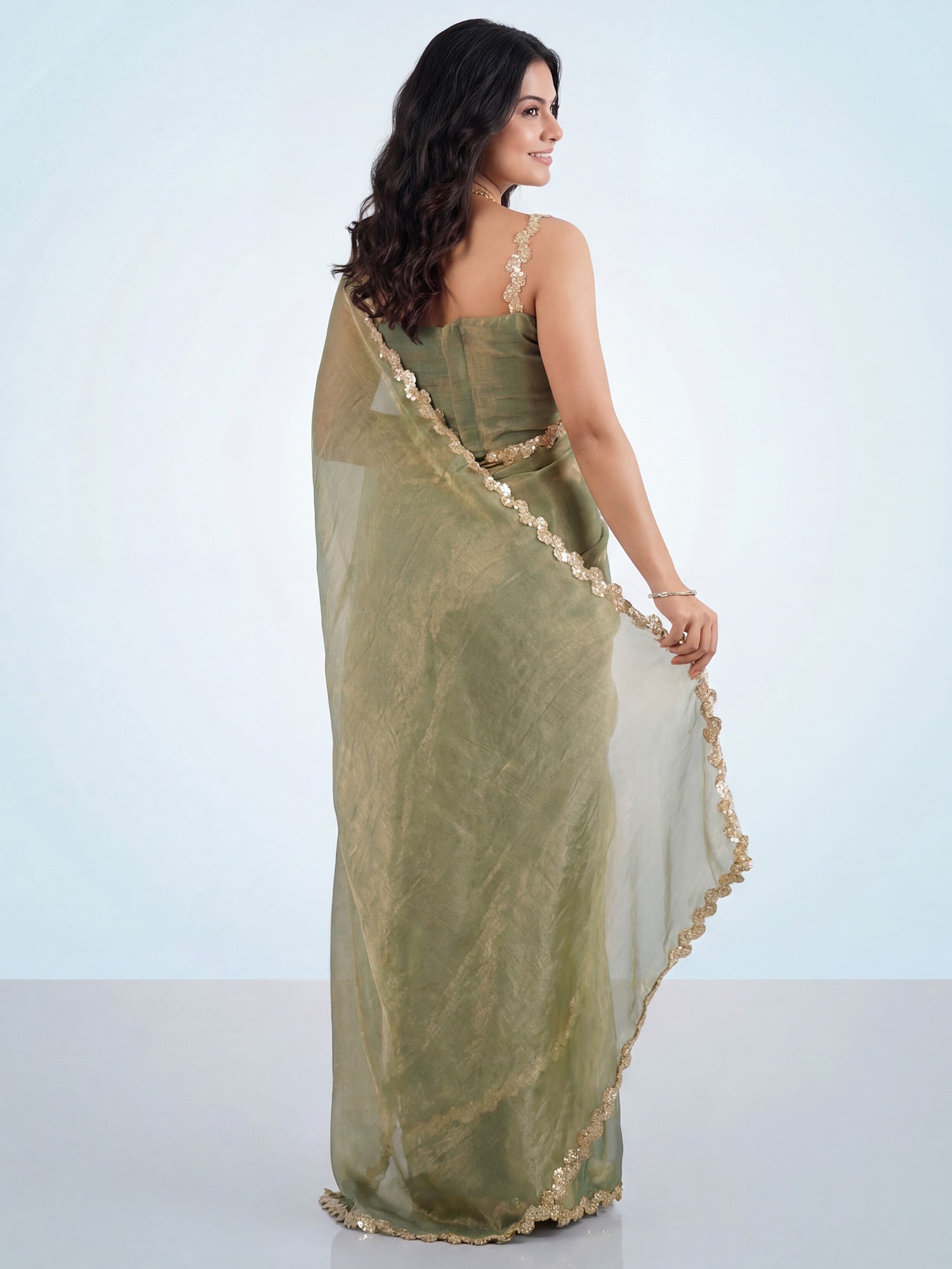 Olive Green Tissue Silk Gota Patti Scalloped Border - Ressa