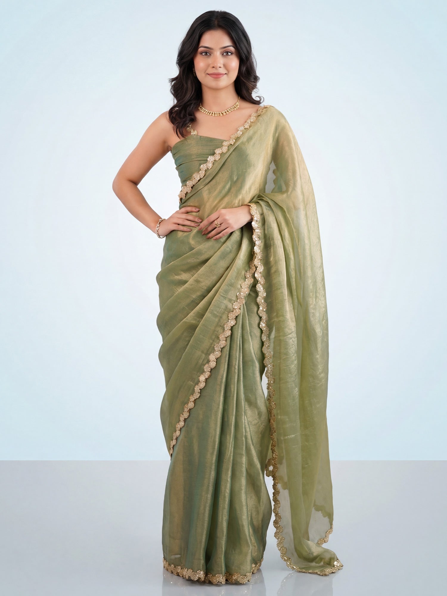 Olive Green Tissue Silk Gota Patti Scalloped Border - Ressa