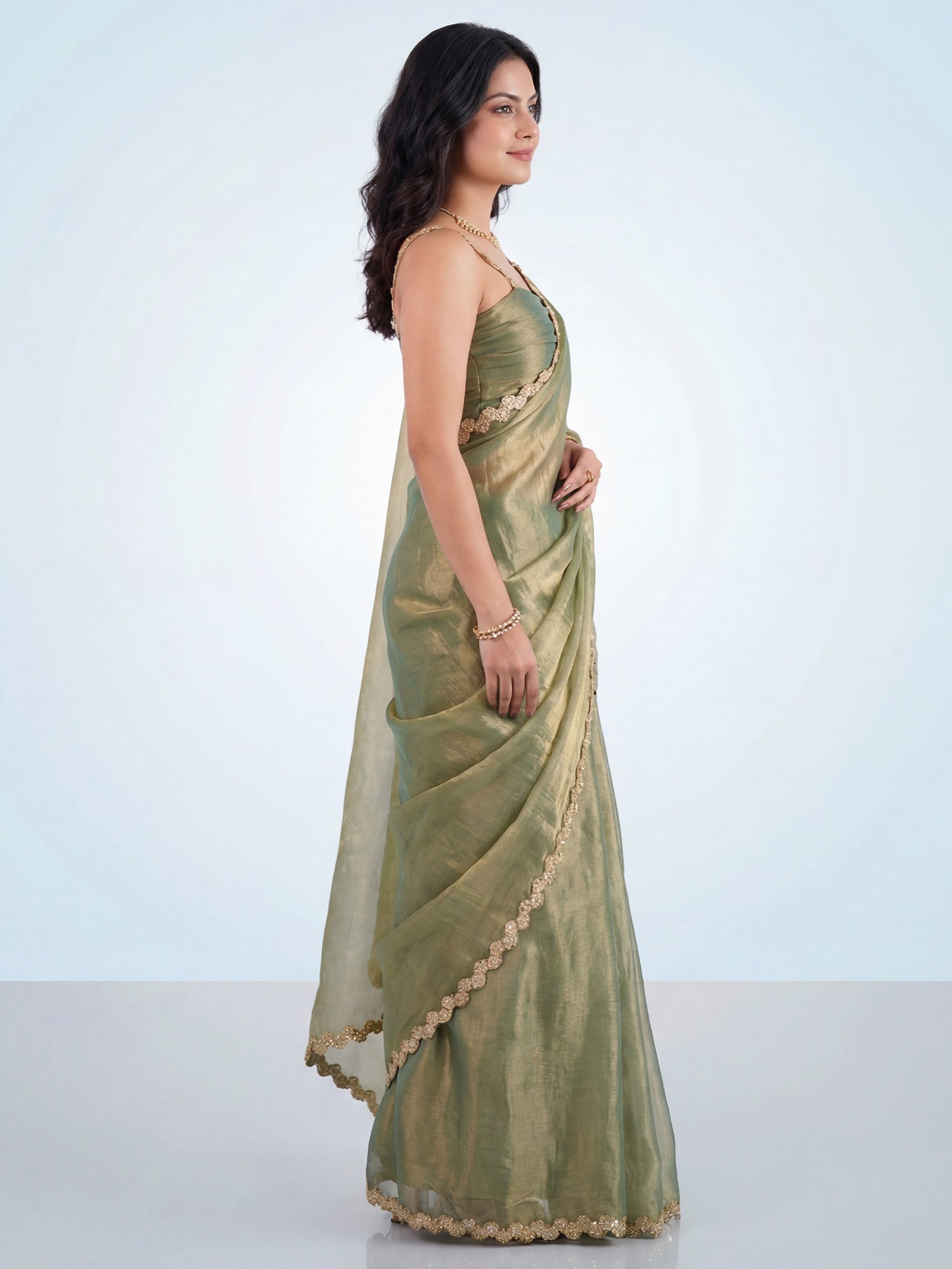 Olive Green Tissue Silk Gota Patti Scalloped Border - Ressa