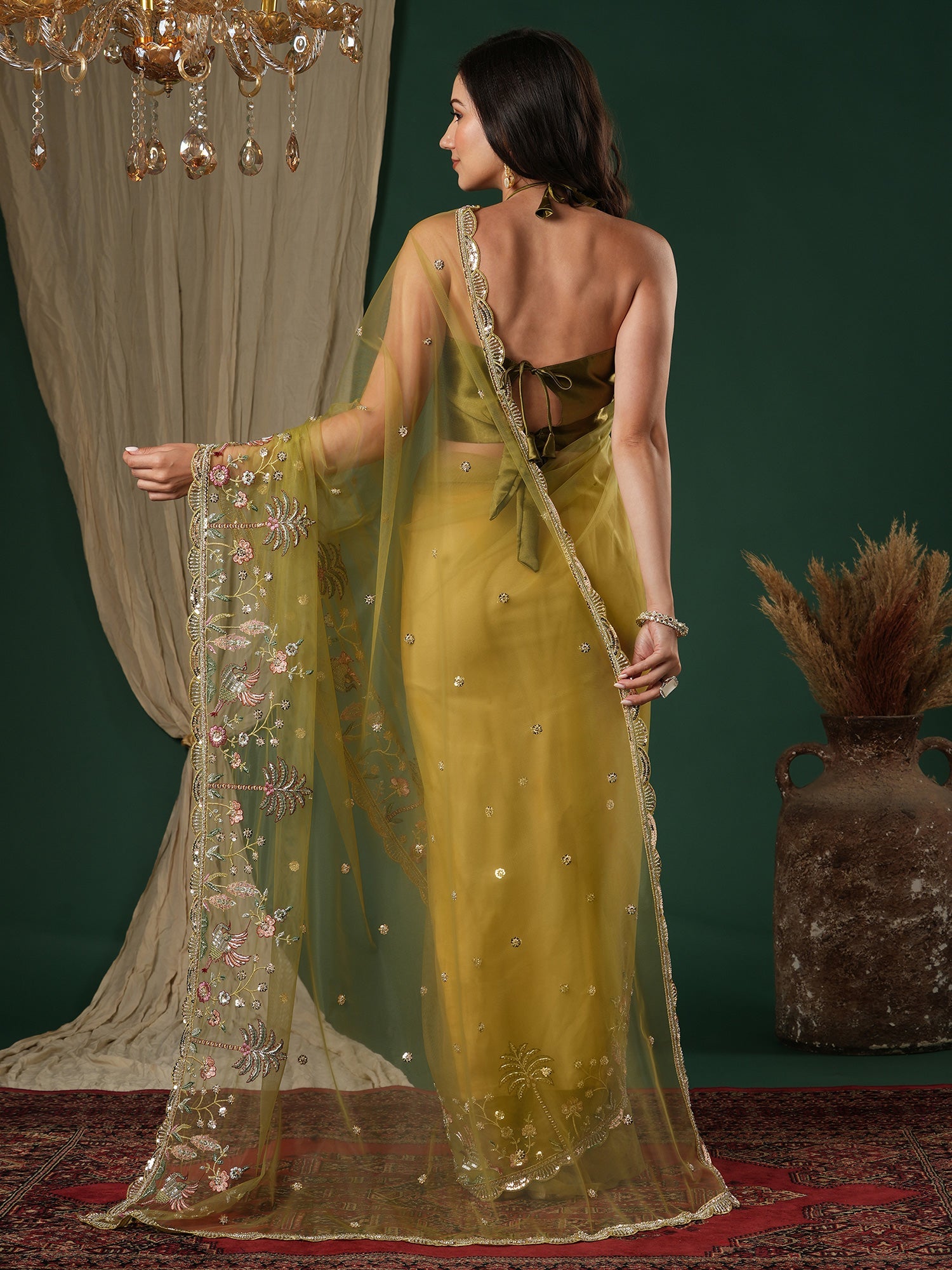 Olive Green Tissue Silk Saree - Ressa