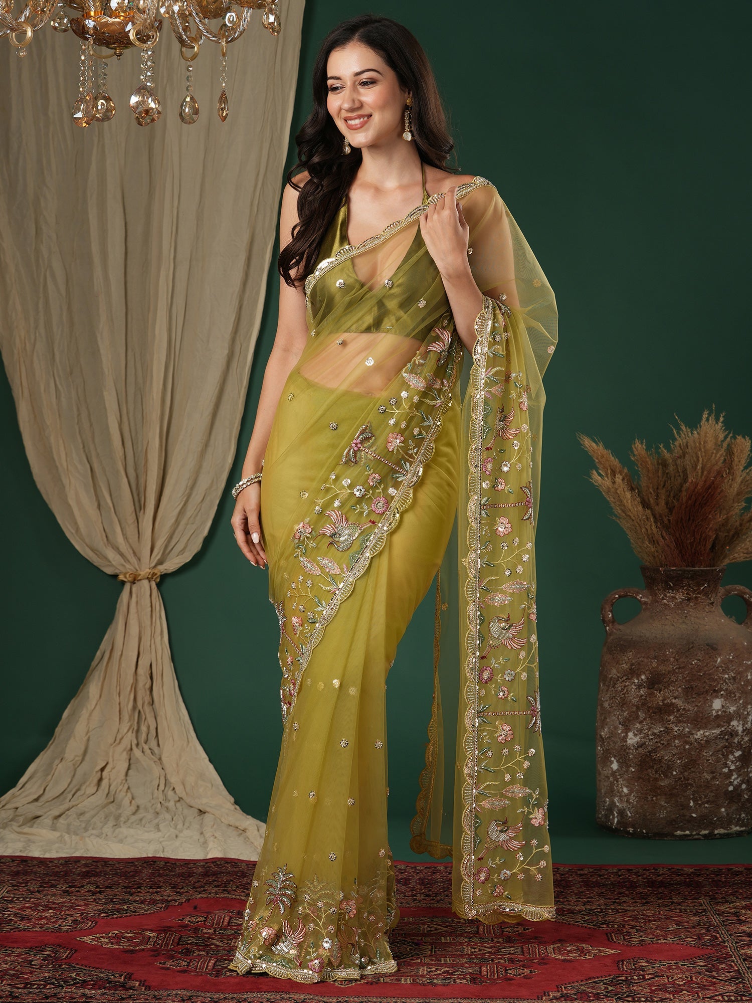 Olive Green Tissue Silk Saree - Ressa
