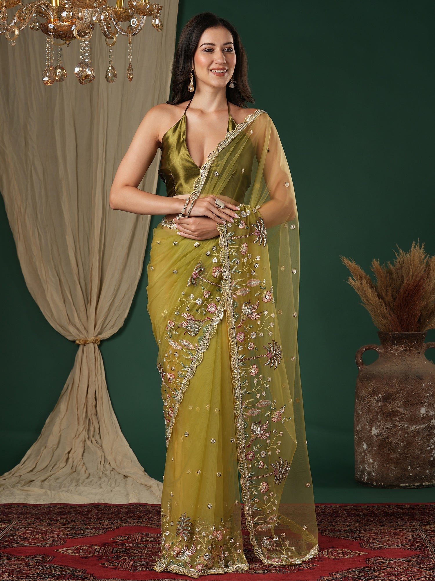 Olive Green Tissue Silk Saree - Ressa