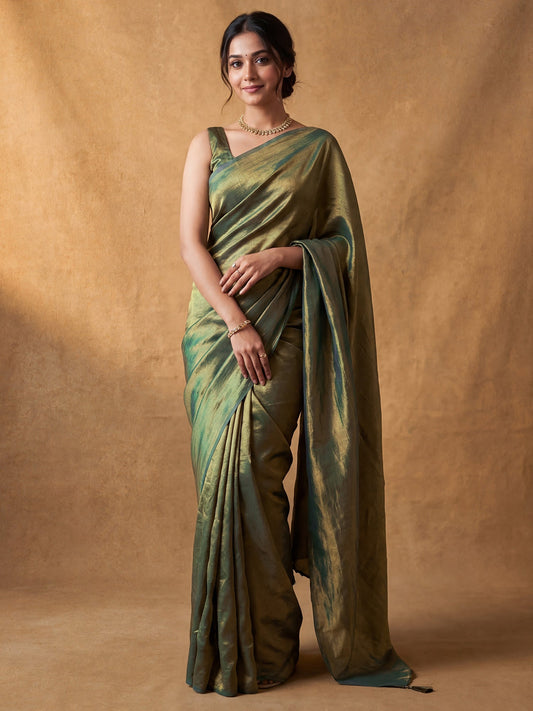 Olive Green Tissue Silk Saree - Ressa