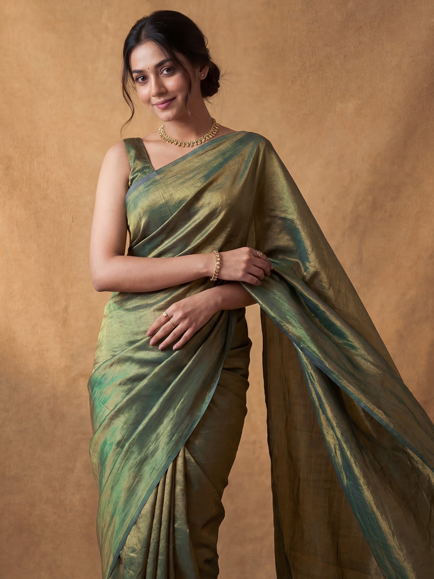 Olive Green Tissue Silk Saree - Ressa