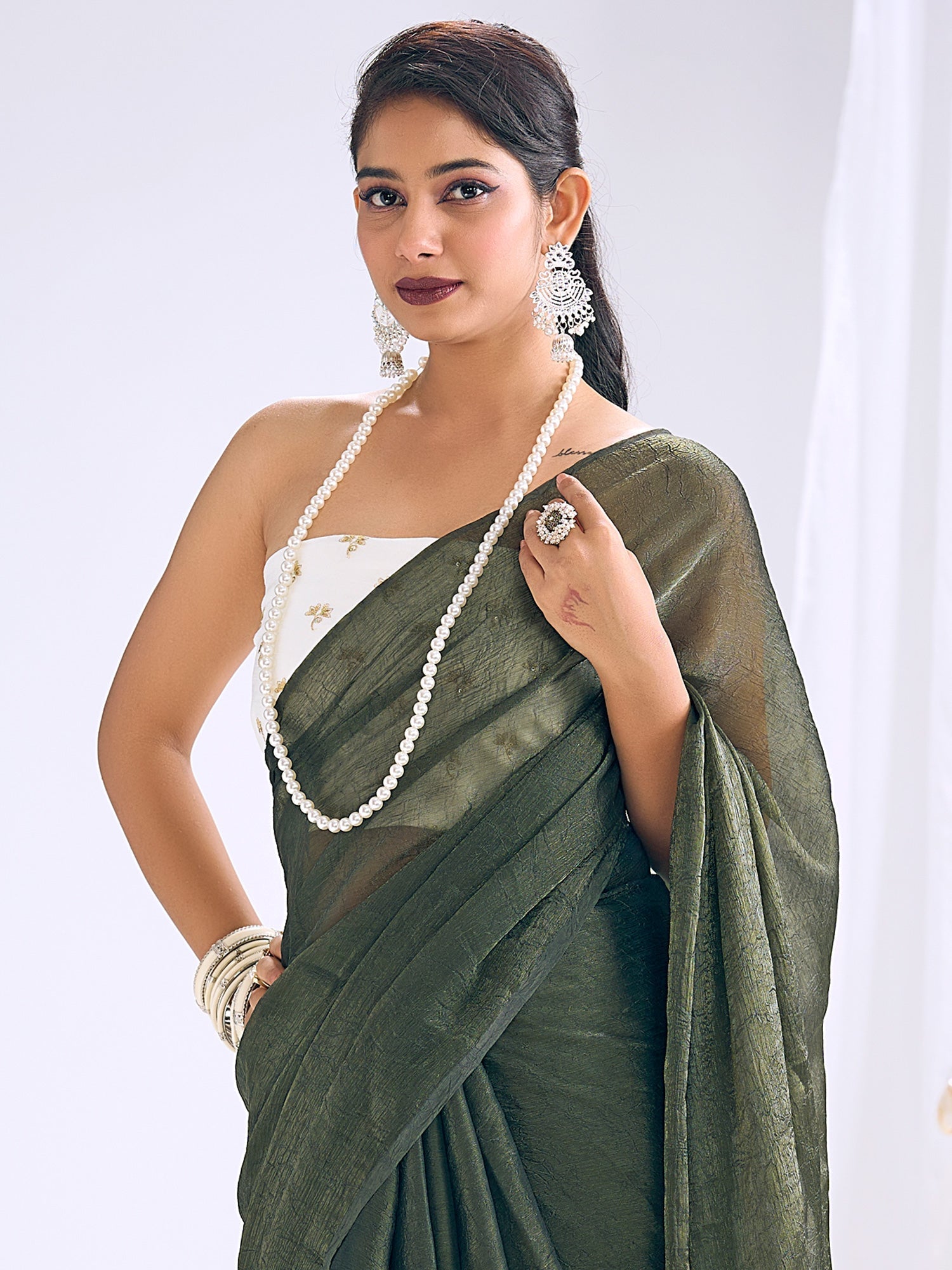 Olive Green Tissue Silk Saree with Embroidered Blouse - Ressa