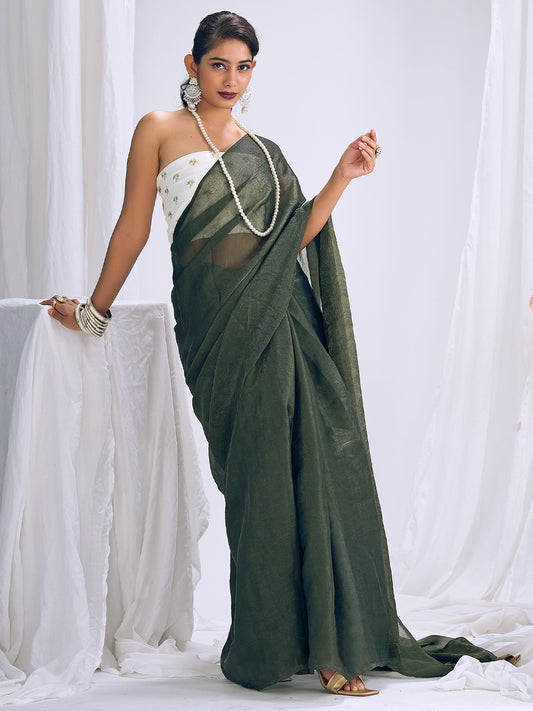 Olive Green Tissue Silk Saree with Embroidered Blouse - Ressa