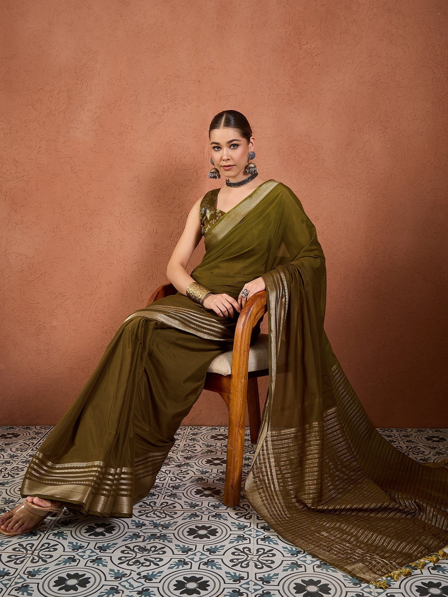 Olive Green Tissue Silk Saree with Zari Border - Ressa