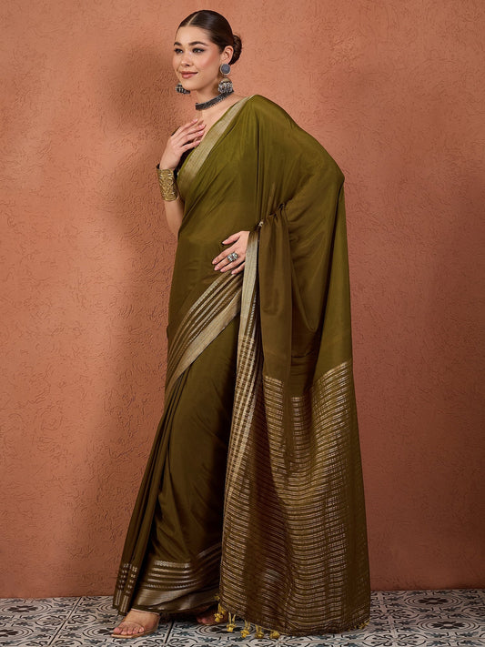 Olive Green Tissue Silk Saree with Zari Border - Ressa