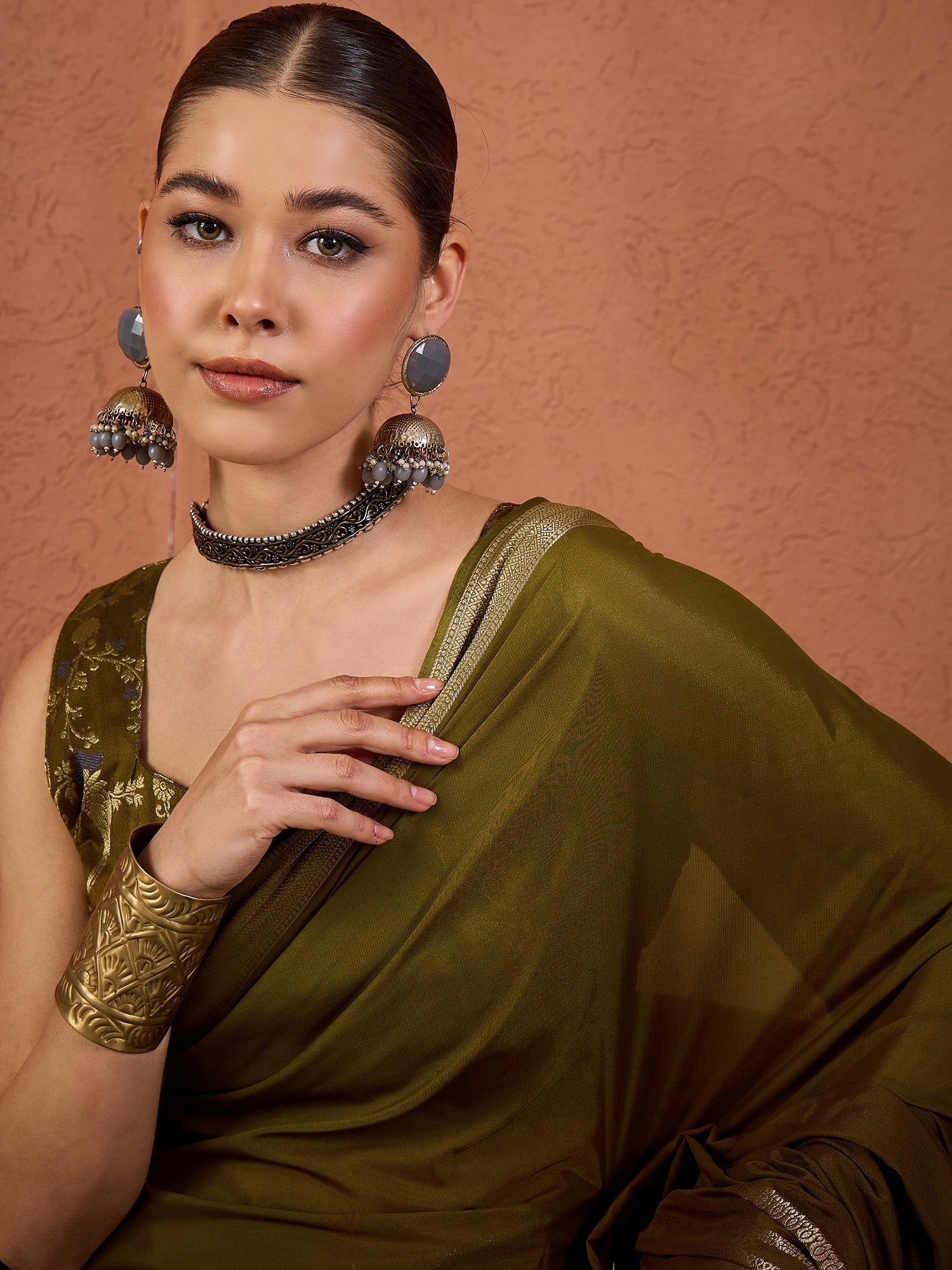Olive Green Tissue Silk Saree with Zari Border - Ressa
