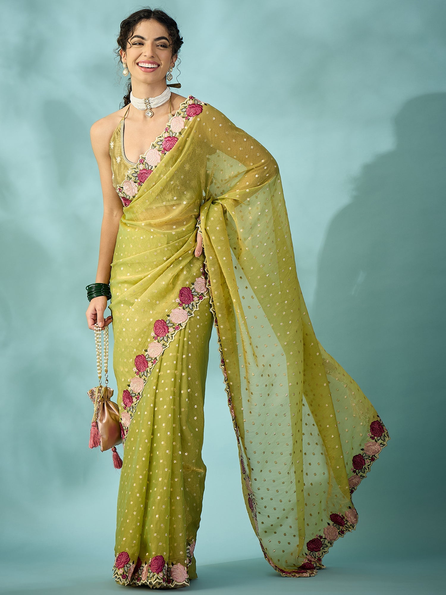 Olive Green Tissue Silk Saree with Zari Stripes - Ressa