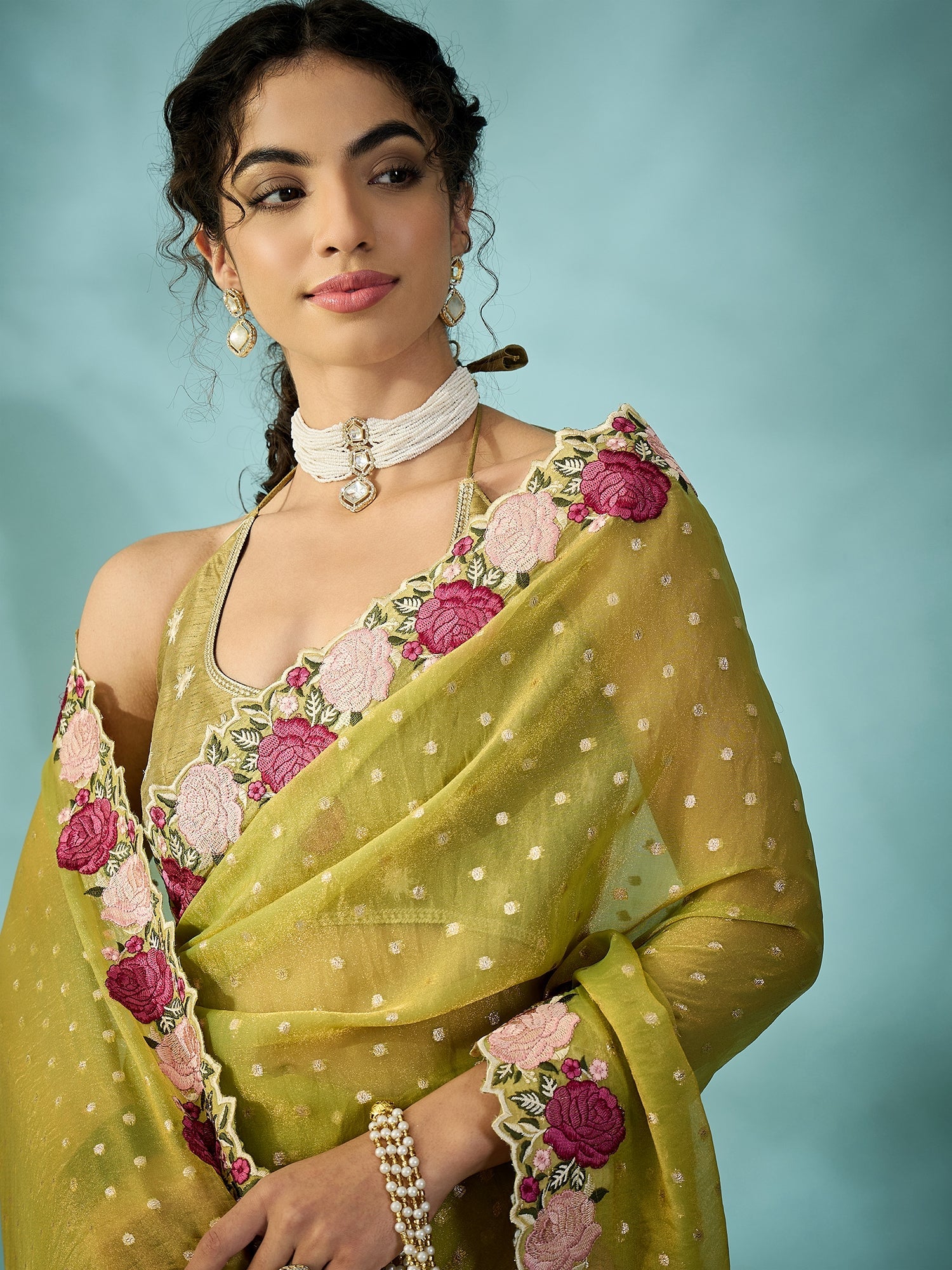 Olive Green Tissue Silk Saree with Zari Stripes - Ressa