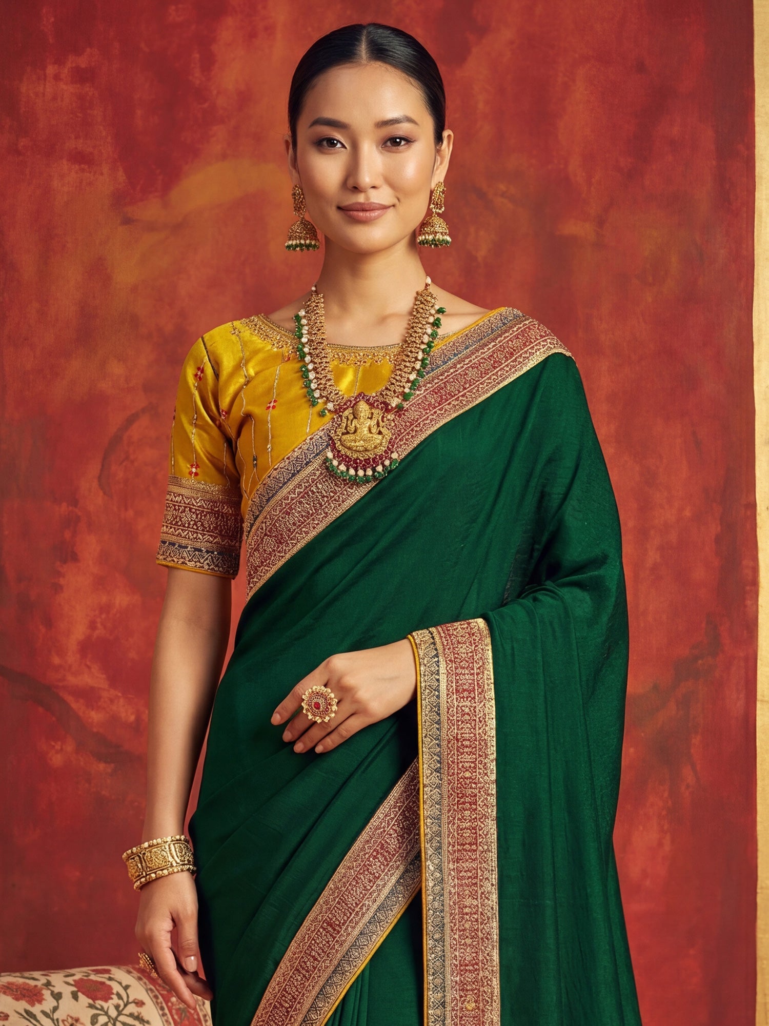Olive Green Tissue Silk Saree with Zari Stripes - Ressa