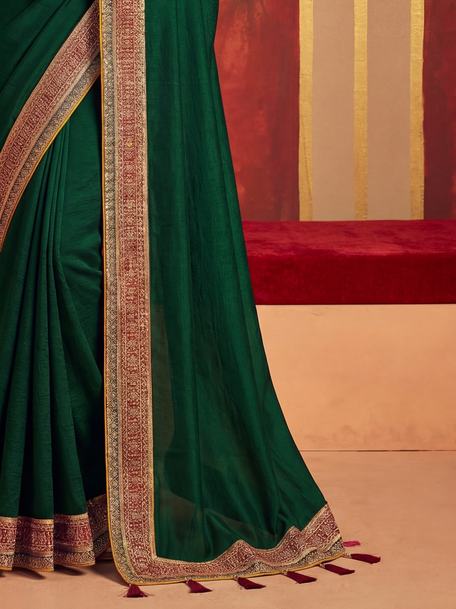 Olive Green Tissue Silk Saree with Zari Stripes - Ressa