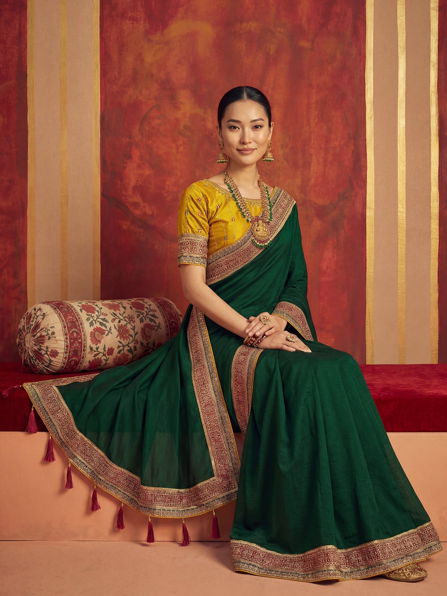 Olive Green Tissue Silk Saree with Zari Stripes - Ressa