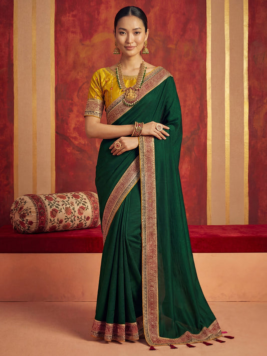 Olive Green Tissue Silk Saree with Zari Stripes - Ressa