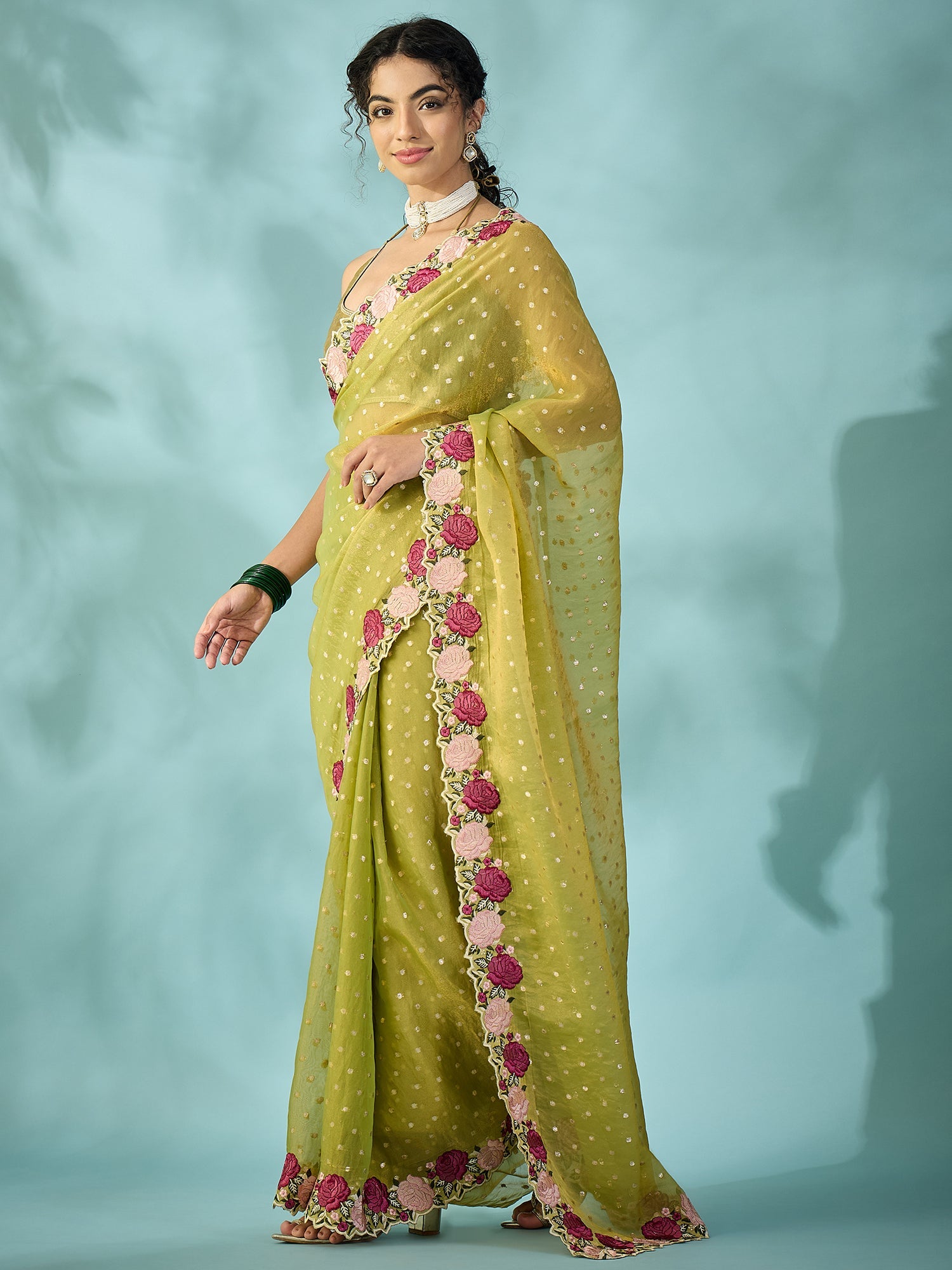 Olive Green Tissue Silk Saree with Zari Stripes - Ressa