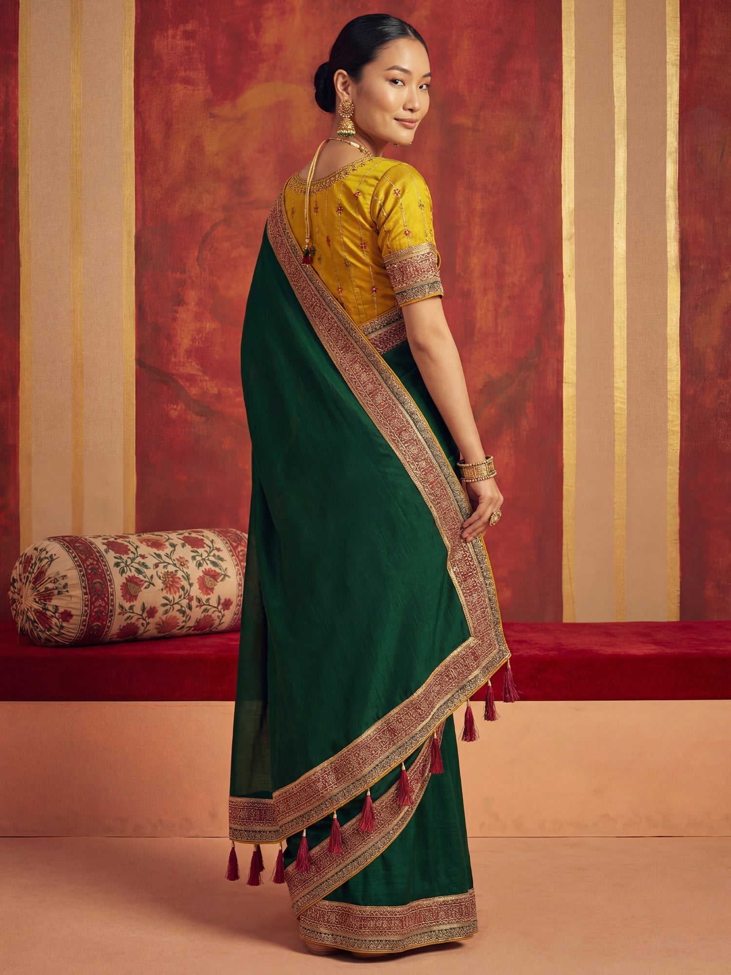 Olive Green Tissue Silk Saree with Zari Stripes - Ressa